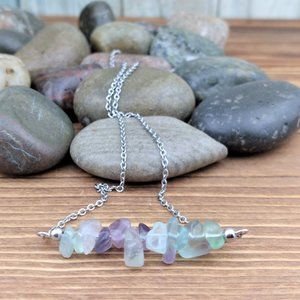 Fluorite Quartz Chip Nugget Bar Charm Stainless Steel Chain Necklace